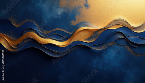 Elegant abstract background with flowing navy and gold waves photo