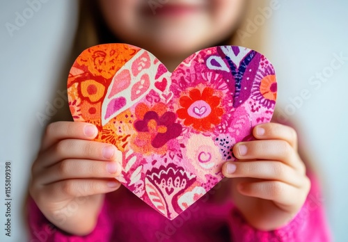 A child holds a vibrant, handmade heart filled with patterns while celebrating love on St. Valentine Day, radiating joy and affection