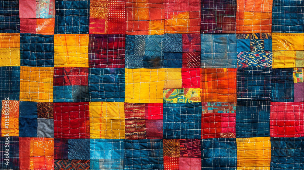 A vibrant patchwork quilt with a mix of bright red, yellow, and blue squares in various geometric patterns, stitched together with detailed white thread. A vibrant patchwork quilt with a mix of bright red, yellow, and blue squares in various geometric patterns, stitched together with detailed white thread.