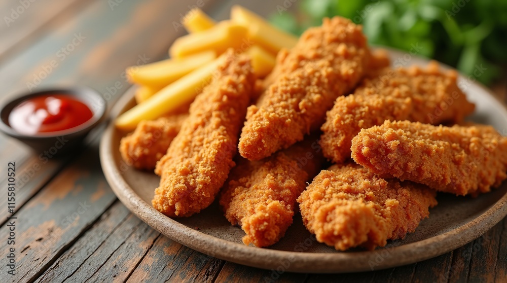 Fried Breaded Chicken Tender Strips and French Fries with Tomato Ketchup. Fried Breaded Chicken Tender Strips and French Fries with Tomato Ketchup.