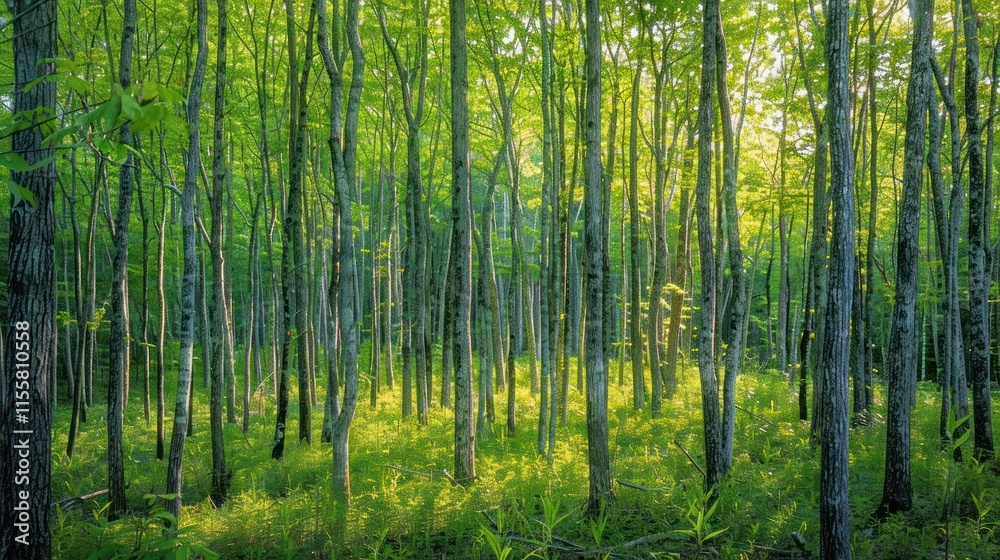 Naklejka premium Sunlit Forest Path: A Tranquil Escape into Nature's Embrace