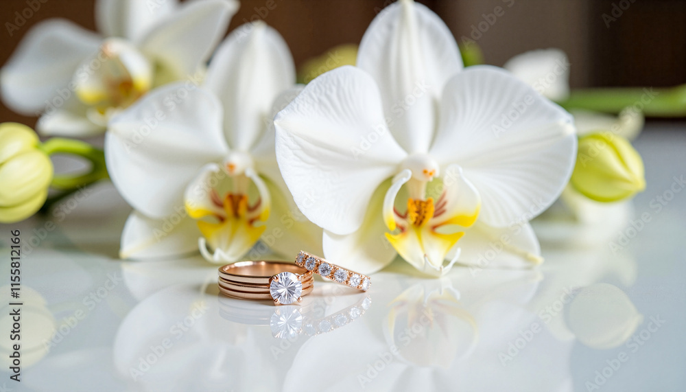 Valentine's Day rings with elegant design placed on white orchids background Valentine's Day rings with elegant design placed on white orchids background