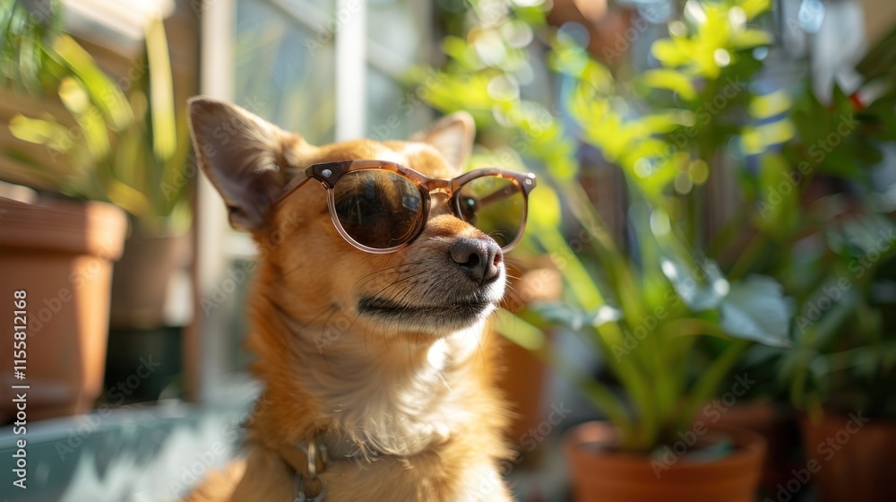 Obraz premium Cool Dog Wearing Sunglasses in a Sunny Garden