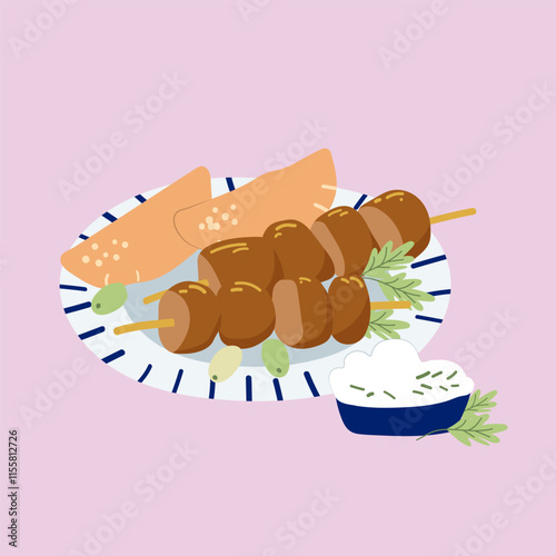 Vector hand drawn seamless flat food illustration with greek pita, souvlaki on a plate and tzatziki sauce, olives, parsley, Greece traditional cuisine.
