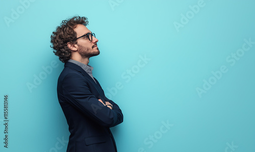Photo of an attractive young man in profile, with curly hair and glasses wearing a suit, standing on the right side looking over his shoulder, arms crossed on his chest.