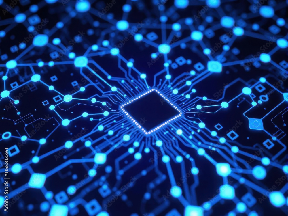 Obraz premium Advanced Innovation Technology Concept Visualization of Circuit Board CPU Processor Microchip of Neural Networking and Cloud Computing Data. Electronic circuit board close up. 3D Digital microcircuit