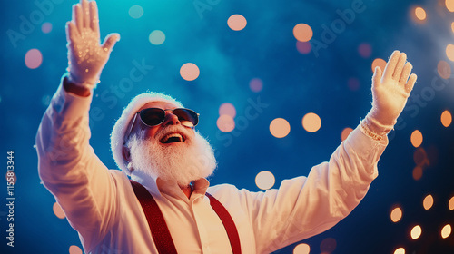 A cheerful, full-body shot of a grey-bearded grandpa, dressed in a Santa Claus outfit with suspenders and sunglasses, dancing joyfully at midnight. Heâs raising his hands in the ai photo