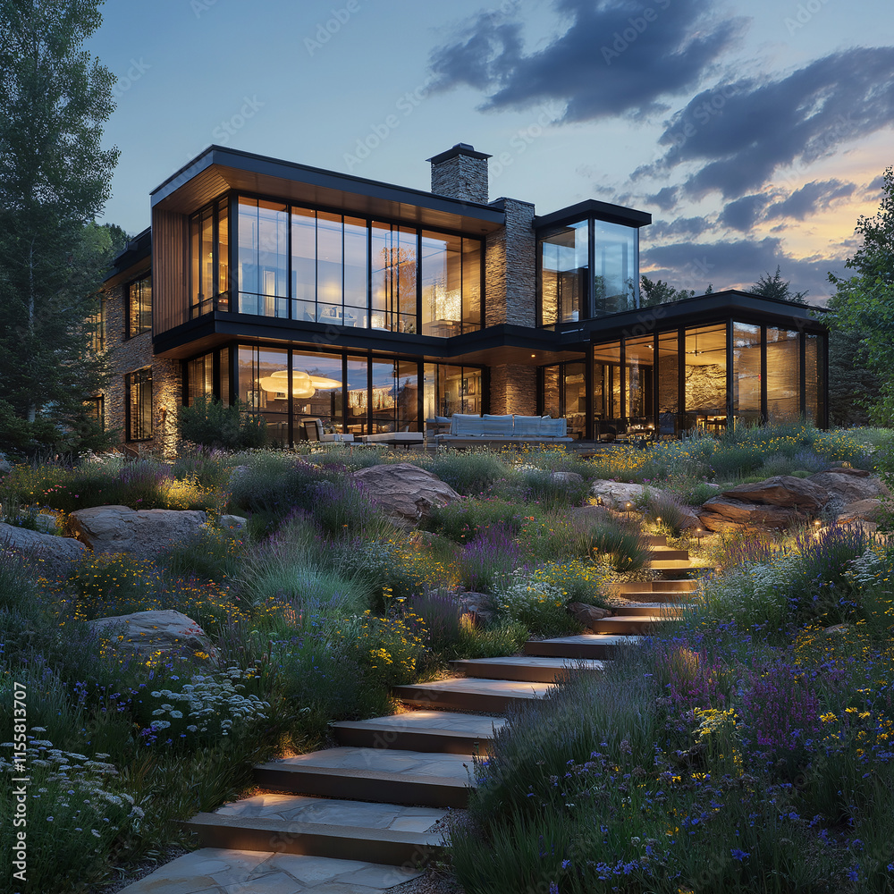Obraz premium A modern mountain home with large windows, black wood accents, and walls of glass overlooking the rocky mountains at night, surrounded by lush greenery and wildflowers