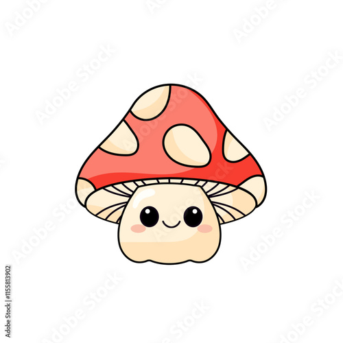 Cute Mushroom Cartoon Kawaii Sticker. Character Vector Illustration