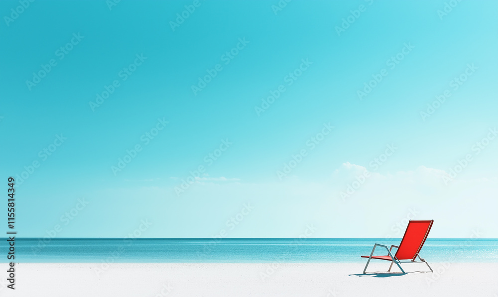 Minimalist beach scene with an empty red lounge chair and clear blue sky, overlooking the vast ocean. Minimalist beach scene with an empty red lounge chair and clear blue sky, overlooking the vast ocean.