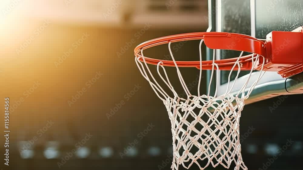 Basketball net is in the foreground of a dark room. The net is red and white Basketball net is in the foreground of a dark room. The net is red and white