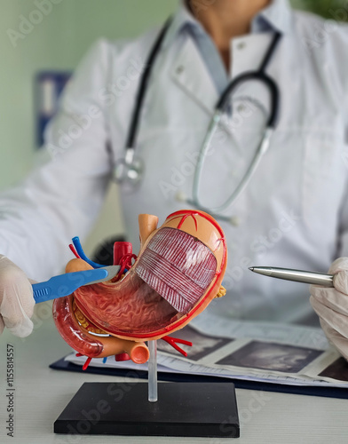 Surgeon held scalpel over anatomical model of human stomach concept