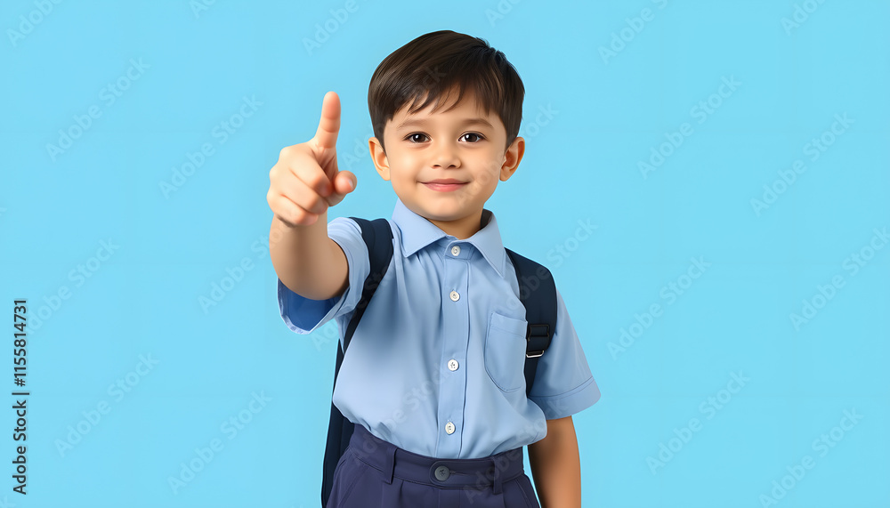 Full size photo of cute small schoolkid direct finger empty space wear uniform isolated on blue color background, minimalism. isolated with white shades Full size photo of cute small schoolkid direct finger empty space wear uniform isolated on blue color background, minimalism. isolated with white shades