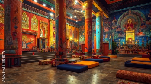 Interior of an ancient Thai church with gold decorations, religious statues, and a cross in the altar area photo