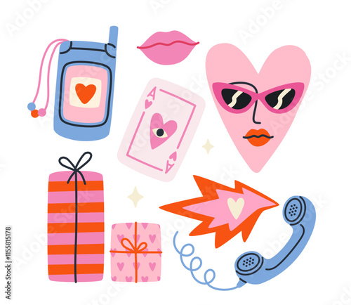 Retro and romantic items heart-shaped glasses, gifts, lips, phone, card, and more. Perfect for stickers, design, or digital projects. Colorful vector illustration set isolated on white background