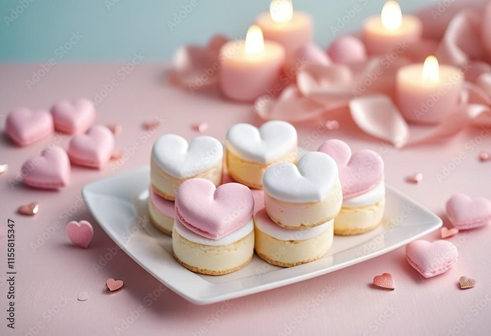 Love food banner for Valentine's day, cute pink and white desserts decorated with pink decor with hearts, festive pink background with candles, romantic atmosphere, fashion trend 2025 Love food banner for Valentine's day, cute pink and white desserts decorated with pink decor with hearts, festive pink background with candles, romantic atmosphere, fashion trend 2025