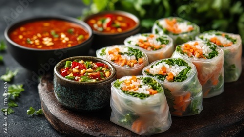 Fresh spring rolls with dipping sauces served on a wooden platter in a cozy s...