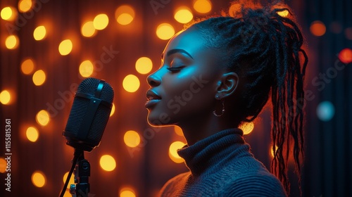 Evening performance of a singer in a cozy setting with warm bokeh lights