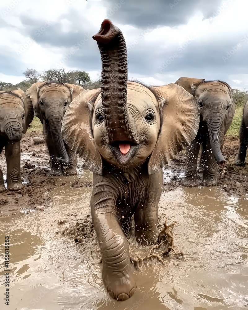 Fototapeta premium A baby elephant spraying water with its trunk, surrounded by its family in a muddy watering hole