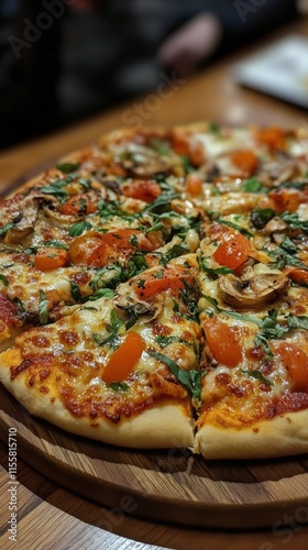 Delicious pepperoni and vegetable pizza served on a wooden table at a cozy re...