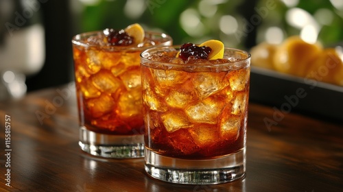 Refreshing dark cocktails served in glasses with ice and garnishes at a cozy bar