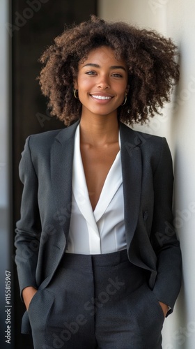 Confident young woman in tailored suit stands by window in modern office setting