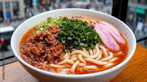 Spicy udon noodle soup with minced meat, kamaboko, and scallions in a white bowl. photo