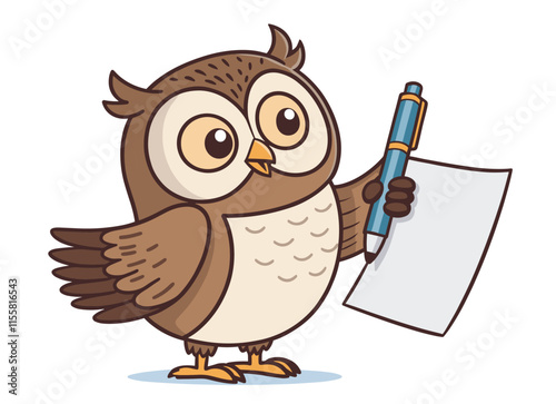Cartoon cute Owl holding a pen and white sheet