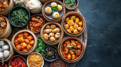 Delicious selection of dim sum served in bamboo steamers at a vibrant dining ...