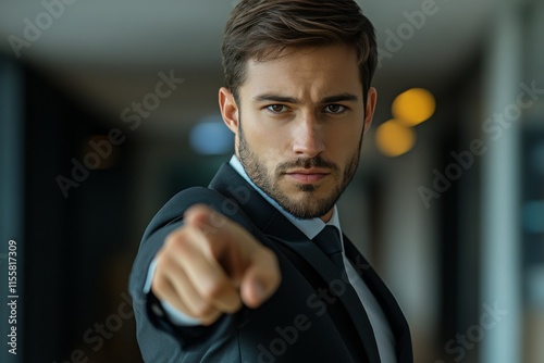 Confident man in business attire gestures assertively in an elegant interior setting photo