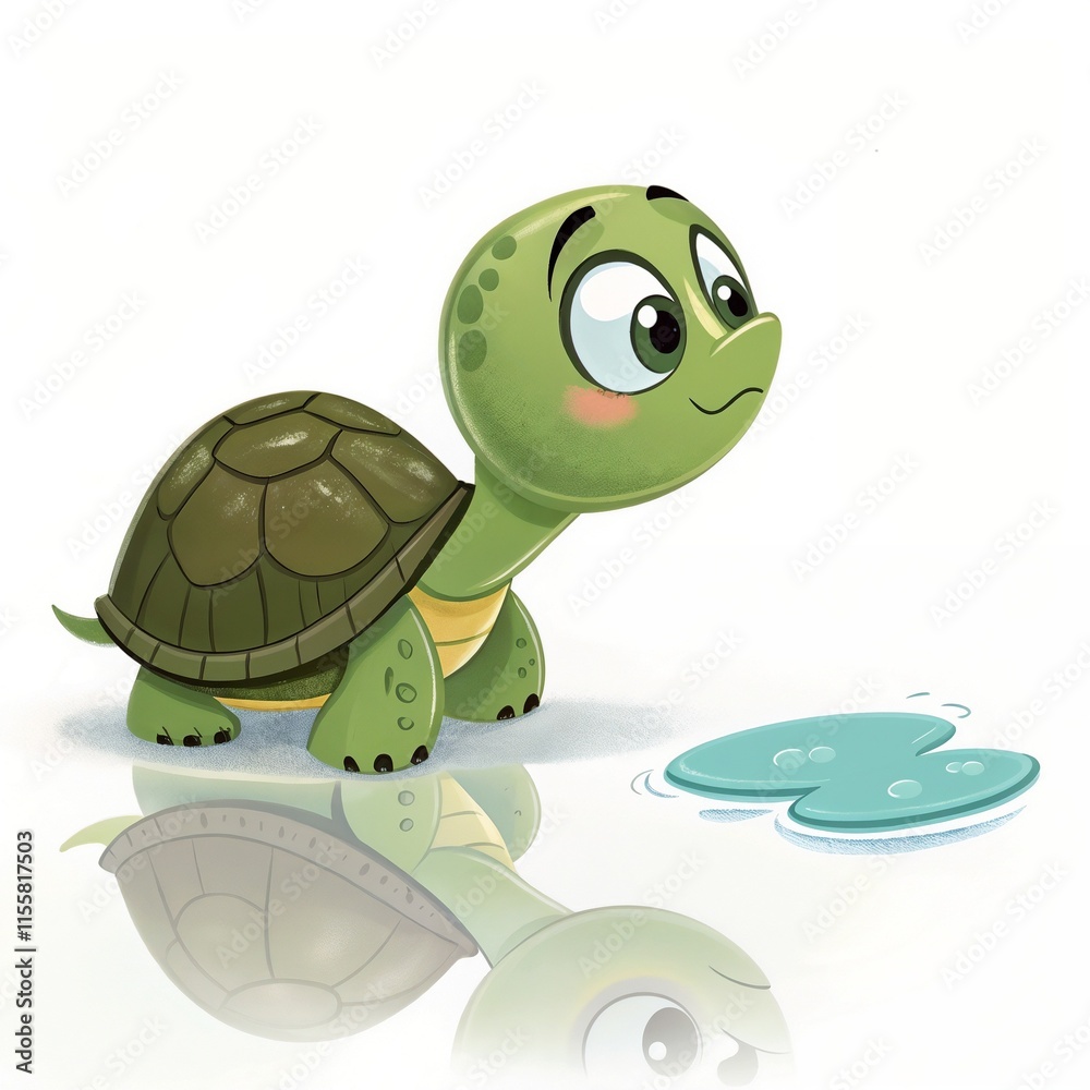Fototapeta premium A cartoon style turtle with large eyes stands on a reflective surface, curiously observing a nearby puddle. The turtle's reflection is visible.