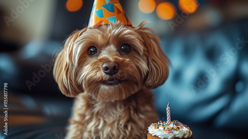 Cute dog wearing a party hat beside a delicious cupcake on a cozy couch celeb...
