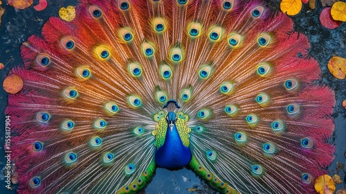 Colorful peacock displaying its feathers among vibrant flowers in a natural s...