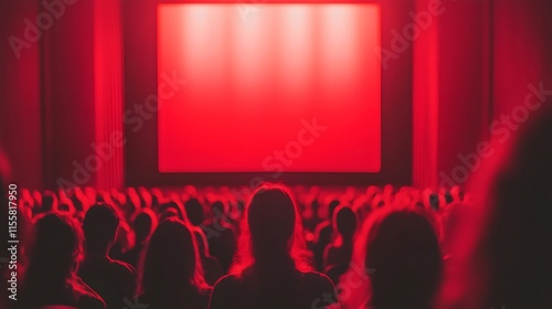 Audience watching red screen in a packed movie theater