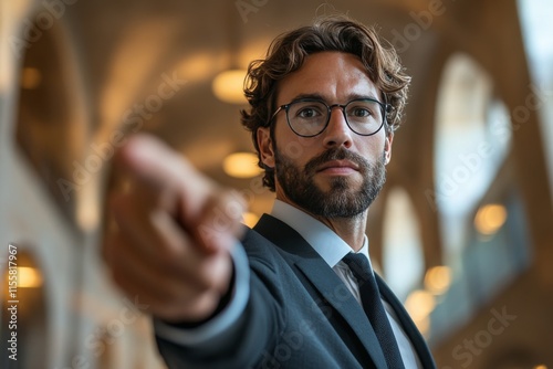 Confident man in business attire gestures assertively in an elegant interior ...