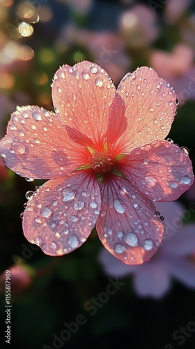 Pink flower adorned with dew drops sparkling in morning light outdoors