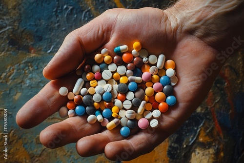 Hand holding a variety of colorful pills on a textured surface