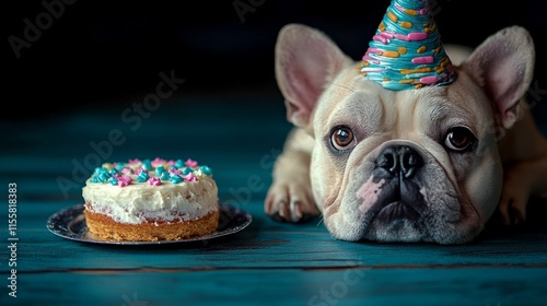 Cute dog wearing a party hat beside a delicious cupcake on a cozy couch celeb...