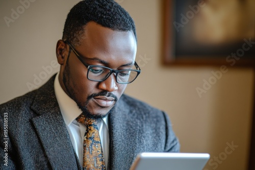Professional man uses tablet in a stylish office setting during a busy workday
