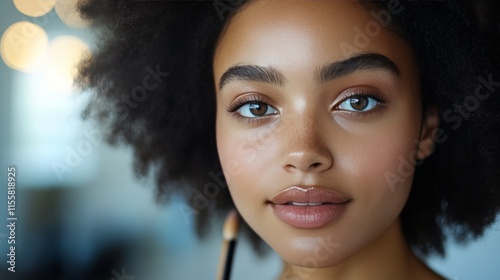 Professional makeup application in a modern studio with natural light and foc...