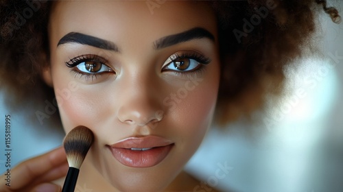 Professional makeup application in a modern studio with natural light and foc...