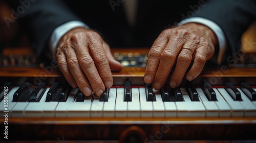 Hands play piano surrounded by warm holiday lights in cozy indoor setting