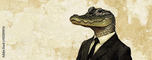 Stately alligator in a suit, blending animalistic traits with a business look.