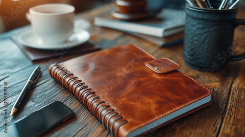 Cozy workspace with a notebook, coffee, and smartphone in a modern caf setting