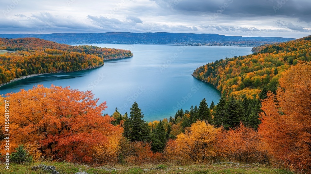 A serene autumn landscape with vibrant foliage reflecting on calm waters under a cloudy sky. A serene autumn landscape with vibrant foliage reflecting on calm waters under a cloudy sky.