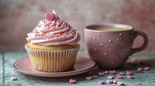 Sweet cupcake with pink frosting and latte art on wooden table during afternoon