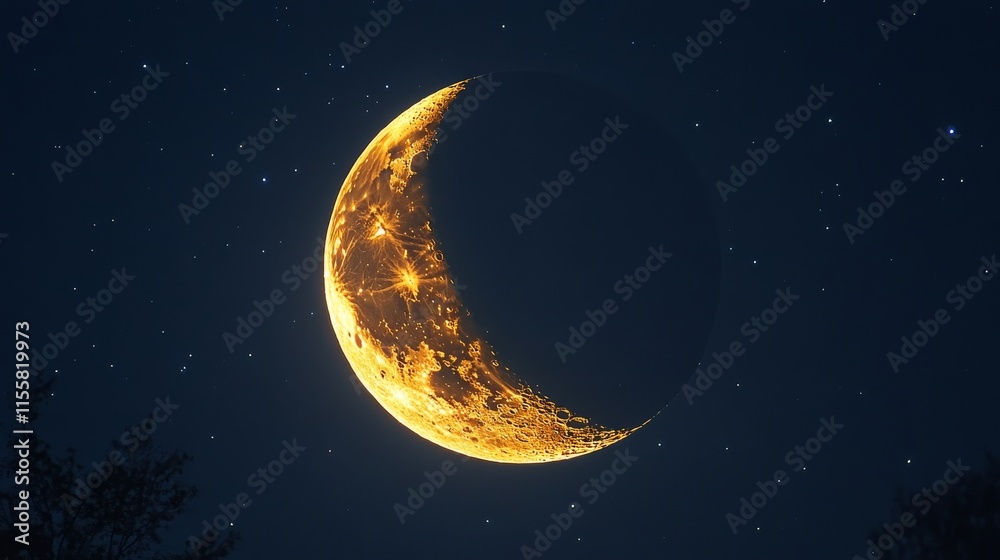 Fototapeta premium Crescent moon illuminated against a starry night sky in a serene landscape