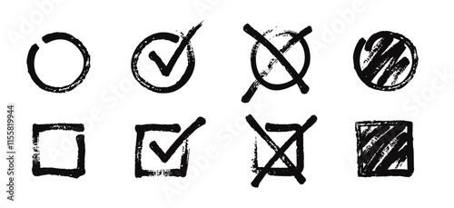 Hand drawn black marker check marks, blank and checked checkboxes. Handwritten grunge circle and square frames with tick and cross symbols, vote checkbox, sketch checklist marks vector set