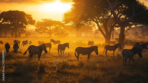 Group of zebras in the wild at sunset, Kruger Park, South Africa