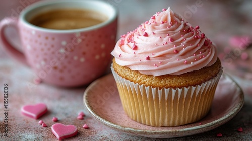 Sweet cupcake with pink frosting and latte art on wooden table during afternoon